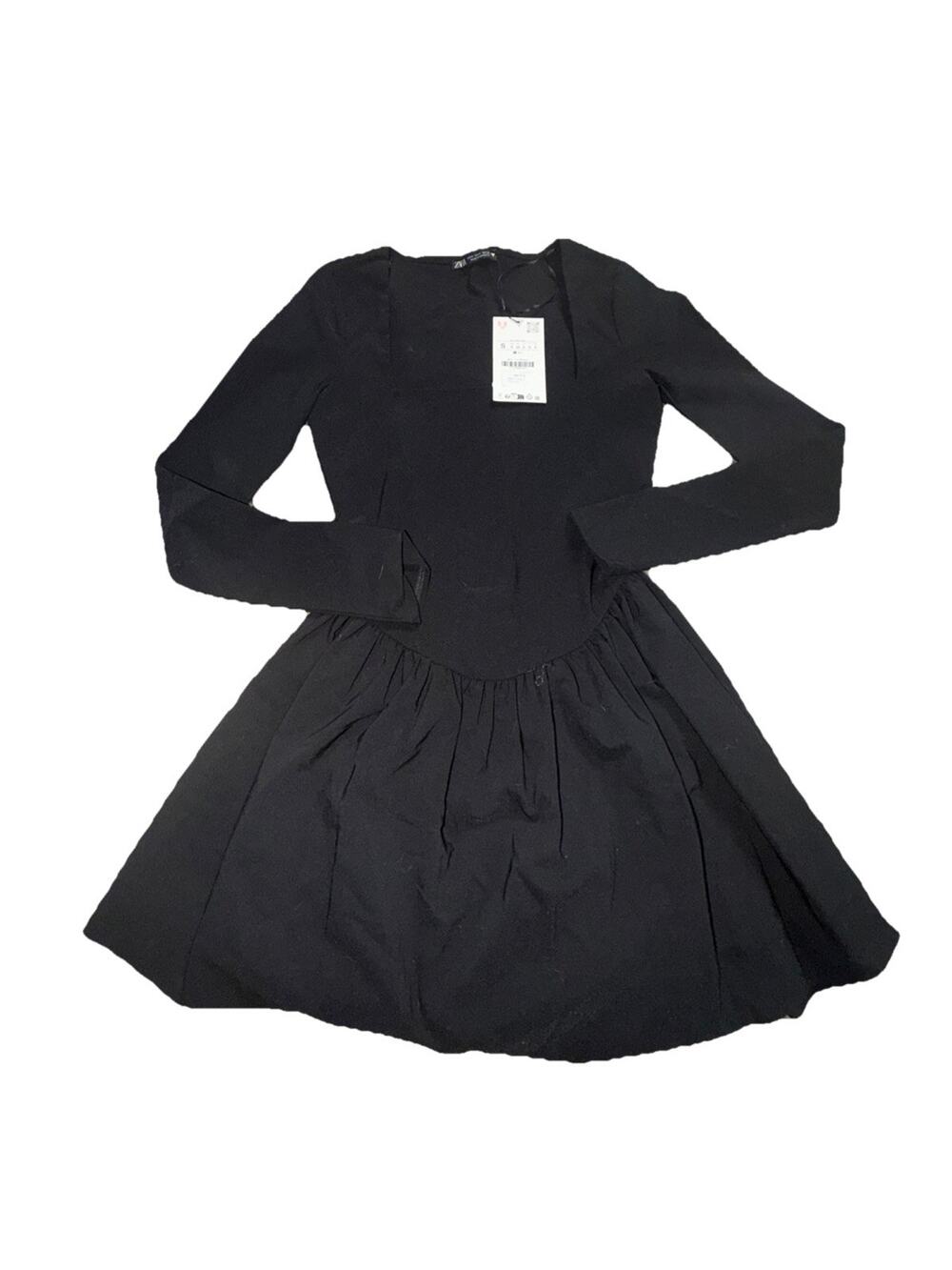 NWT SMALL ZARA Womens Dress Voluminous Mini Dress Black Balloon Long sleeve(ak35